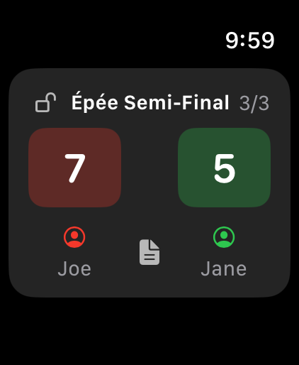 BoutR on Apple Watch showing the bout “Épée Semi-Final” with Joe at 7 and Jane at 5