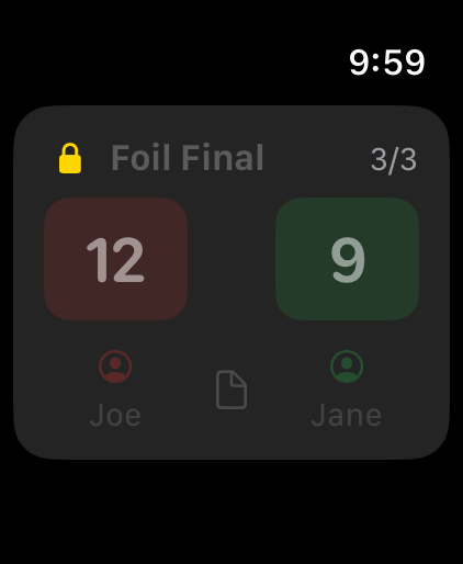 A locked bout, “Foil Final”, with a yellow padlock and the card dimmed at 12 to 9