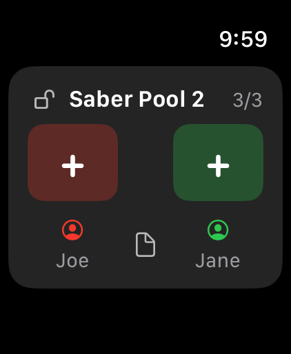 A fresh bout, “Saber Pool 2”, with plus signs on both score buttons